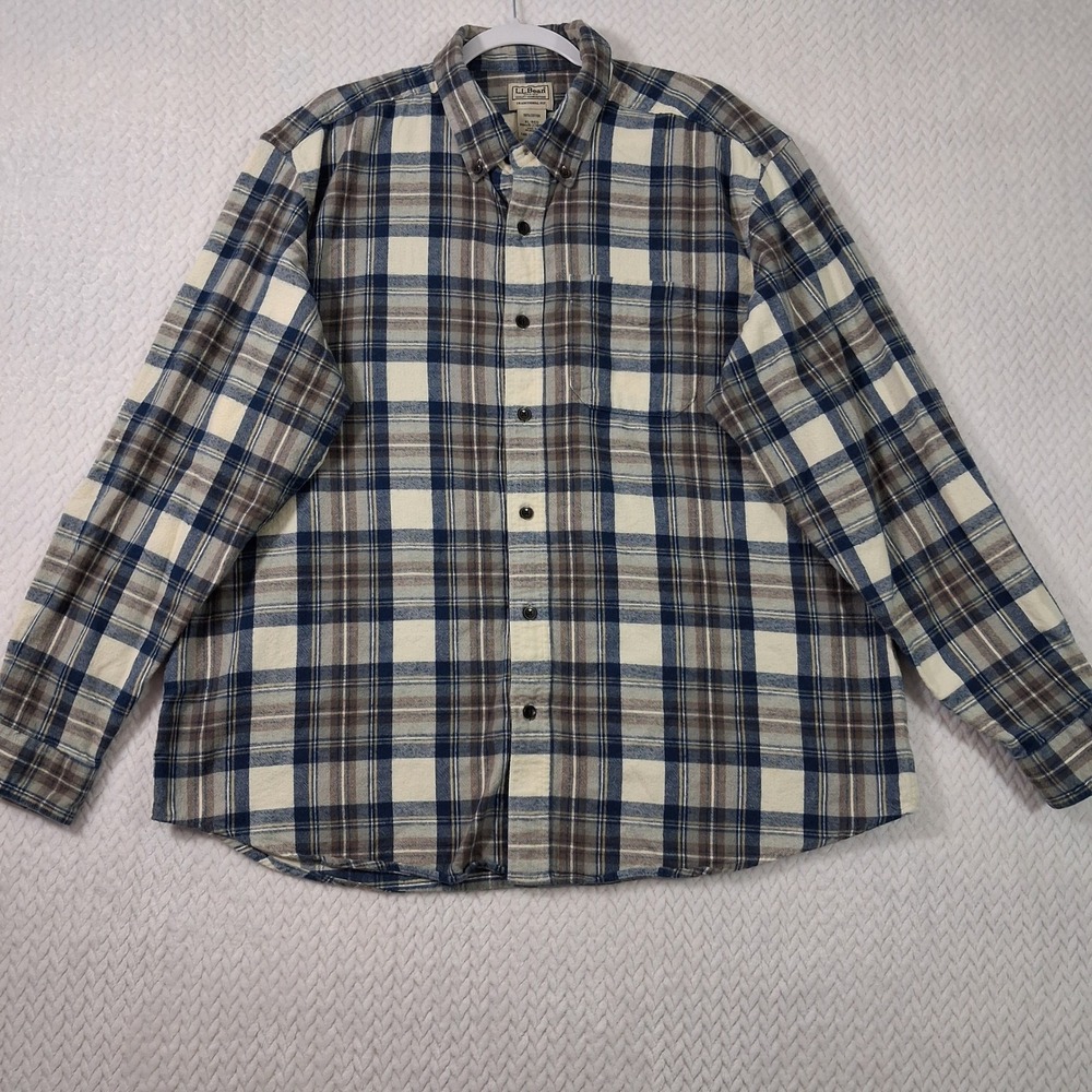 L.L.Bean Flannel Button Down Shirt Mens XL Blue Cream Plaid 228061